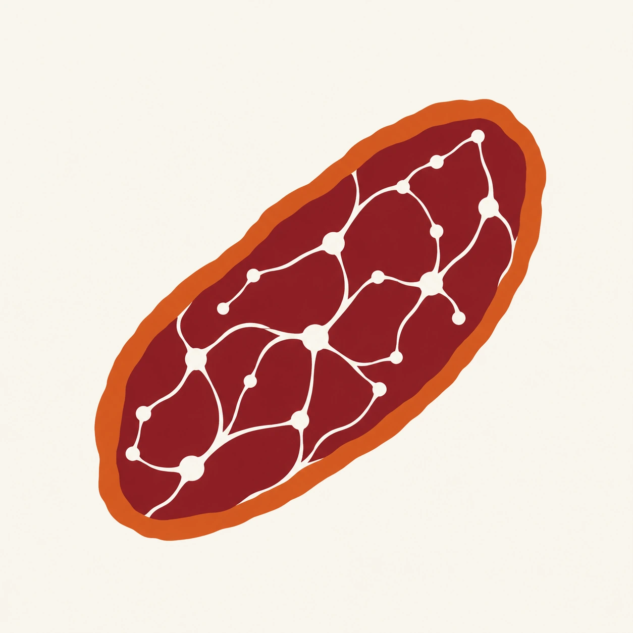 A minimalist pastırma slice with orange çemen coating and ivory marbling that forms a neural network